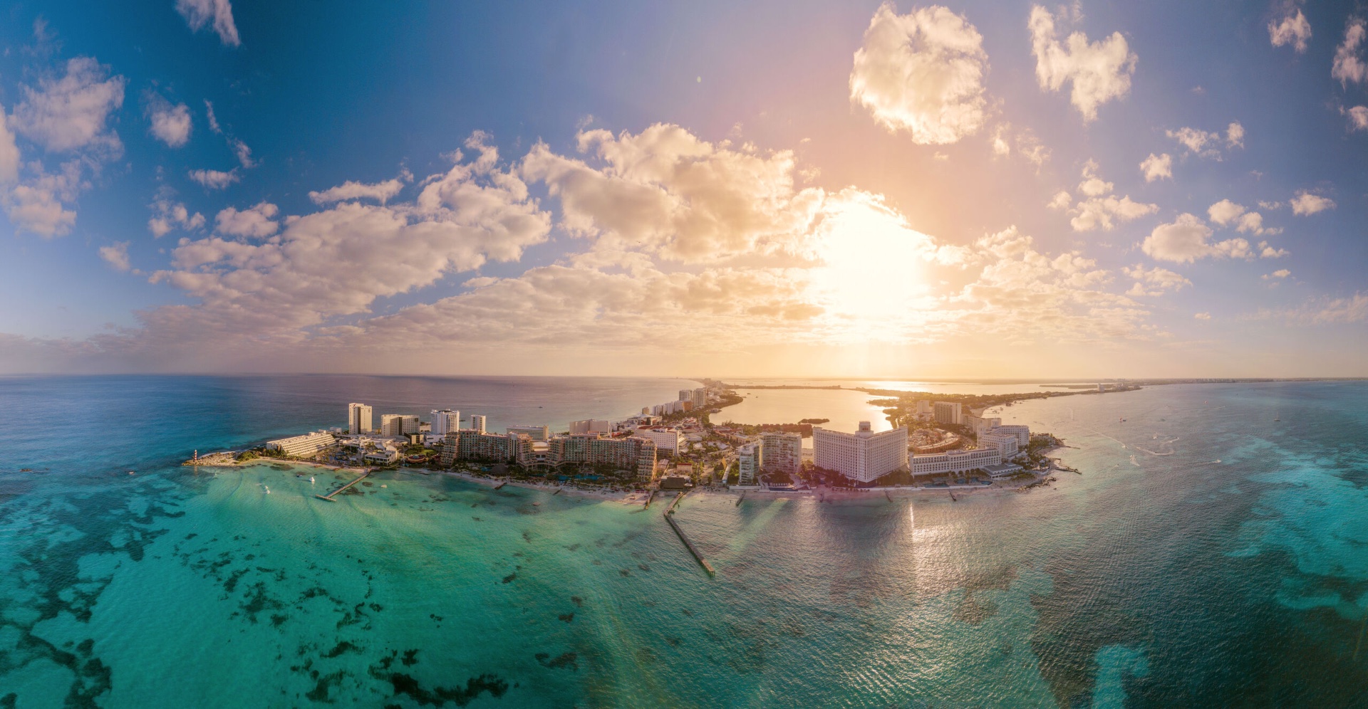 Aerial view of the Cancun hotel zone at sunset
